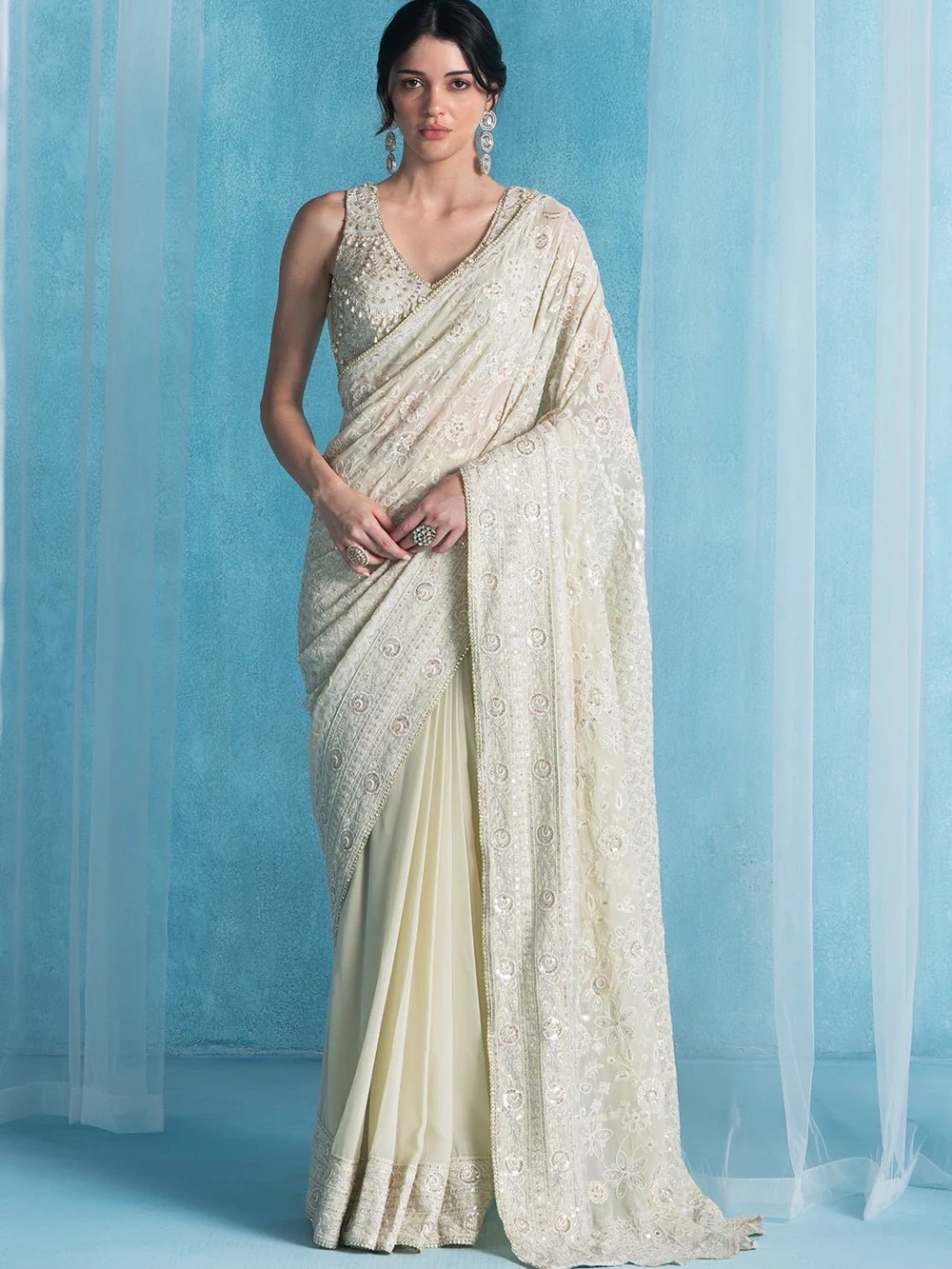 Lashkaraa Soft Green Embroidered Georgette Saree